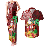 Hawaii Mele Kalikimaka Couples Matching Tank Maxi Dress and Hawaiian Shirt Santa Claus and Hula Girl Tropical Folwer with Hawaiian Pattern LT03 Red - Polynesian Pride