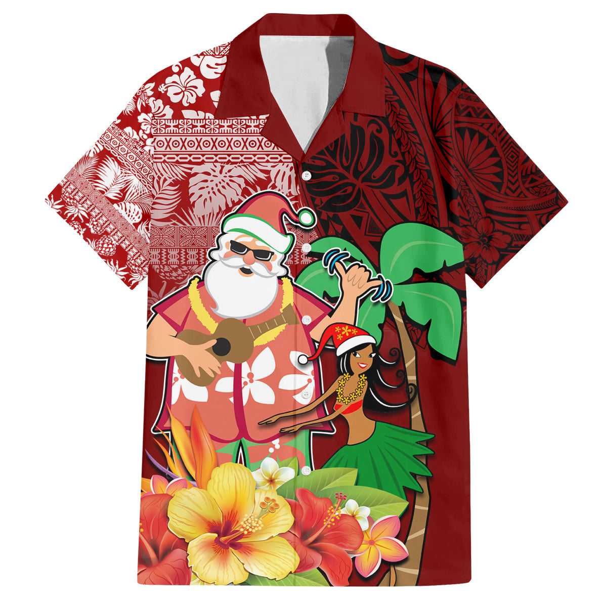Hawaii Mele Kalikimaka Family Matching Off Shoulder Long Sleeve Dress and Hawaiian Shirt Santa Claus and Hula Girl Tropical Folwer with Hawaiian Pattern LT03 Dad's Shirt - Short Sleeve Red - Polynesian Pride