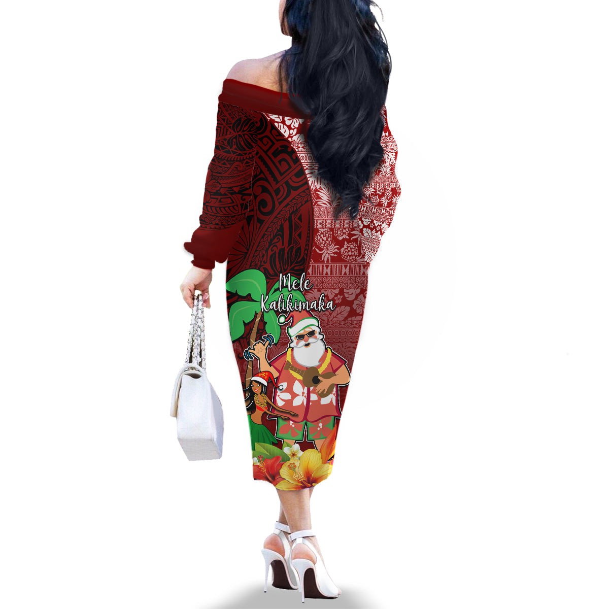 Hawaii Mele Kalikimaka Family Matching Off Shoulder Long Sleeve Dress and Hawaiian Shirt Santa Claus and Hula Girl Tropical Folwer with Hawaiian Pattern LT03 - Polynesian Pride