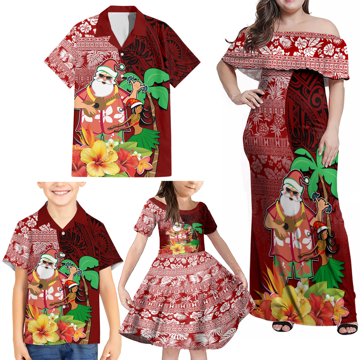 Hawaii Mele Kalikimaka Family Matching Off Shoulder Maxi Dress and Hawaiian Shirt Santa Claus and Hula Girl Tropical Folwer with Hawaiian Pattern LT03 - Polynesian Pride