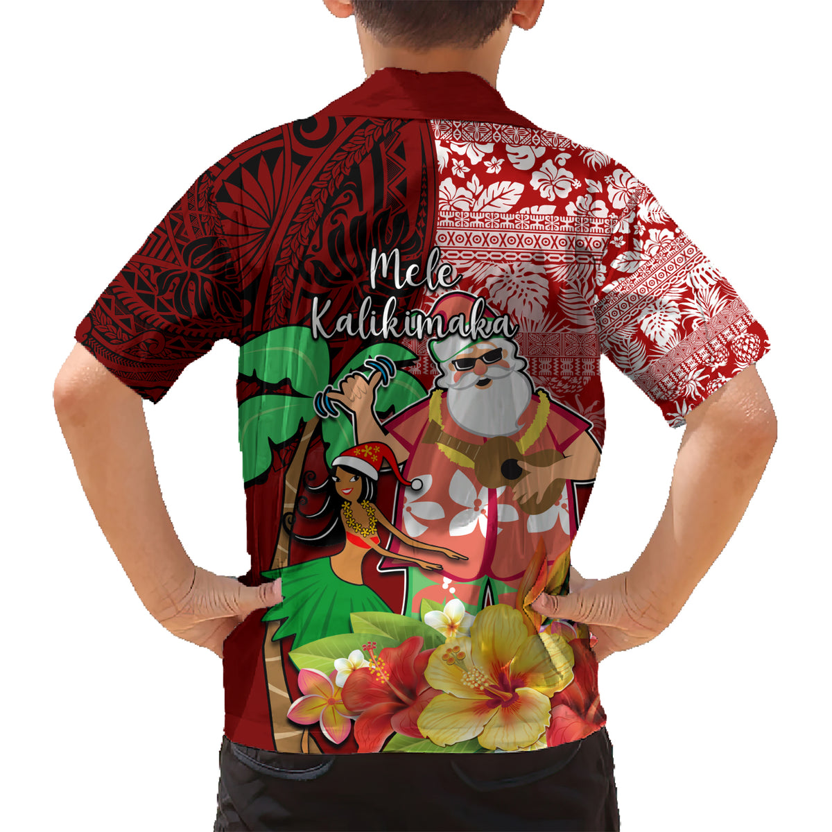 Hawaii Mele Kalikimaka Kid Hawaiian Shirt Santa Claus and Hula Girl Tropical Folwer with Hawaiian Pattern LT03 - Polynesian Pride