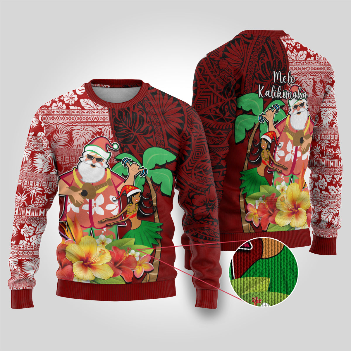 Hawaii Mele Kalikimaka Ugly Christmas Sweater Santa Claus and Hula Girl Tropical Folwer with Hawaiian Pattern LT03 Red - Polynesian Pride