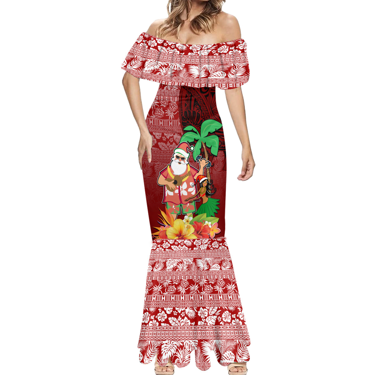 Hawaii Mele Kalikimaka Mermaid Dress Santa Claus and Hula Girl Tropical Folwer with Hawaiian Pattern LT03 - Polynesian Pride