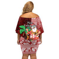 Hawaii Mele Kalikimaka Off Shoulder Short Dress Santa Claus and Hula Girl Tropical Folwer with Hawaiian Pattern LT03 - Polynesian Pride