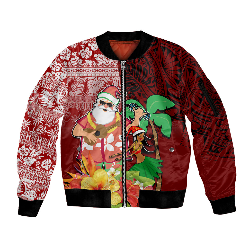 Hawaii Mele Kalikimaka Sleeve Zip Bomber Jacket Santa Claus and Hula Girl Tropical Folwer with Hawaiian Pattern LT03 Unisex Red - Polynesian Pride