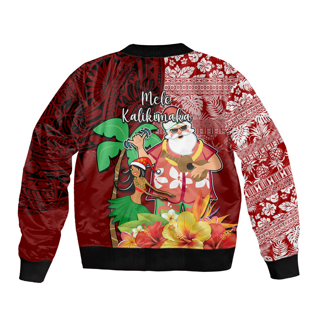 Hawaii Mele Kalikimaka Sleeve Zip Bomber Jacket Santa Claus and Hula Girl Tropical Folwer with Hawaiian Pattern LT03 - Polynesian Pride