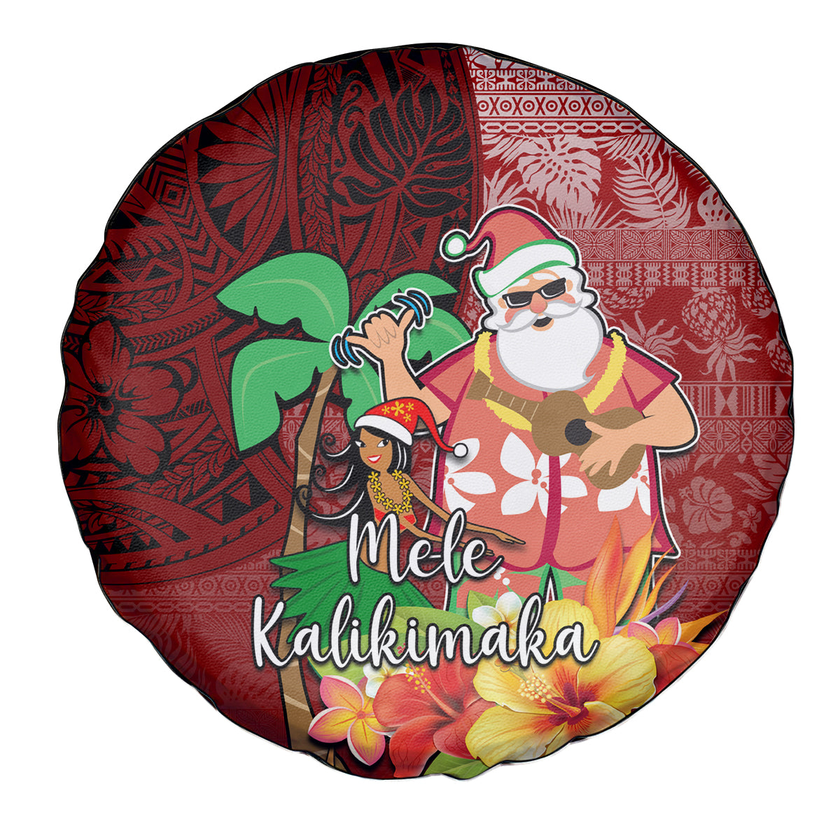 Hawaii Mele Kalikimaka Spare Tire Cover Santa Claus and Hula Girl Tropical Folwer with Hawaiian Pattern LT03 - Polynesian Pride