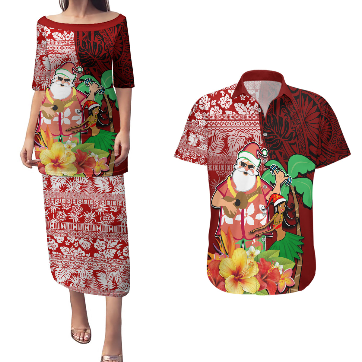 Custom Hawaii Mele Kalikimaka Couples Matching Puletasi Dress and Hawaiian Shirt Santa Claus and Hula Girl Tropical Folwer with Hawaiian Pattern LT03 Red - Polynesian Pride
