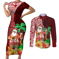 Custom Hawaii Mele Kalikimaka Couples Matching Short Sleeve Bodycon Dress and Long Sleeve Button Shirt Santa Claus and Hula Girl Tropical Folwer with Hawaiian Pattern LT03 Red - Polynesian Pride