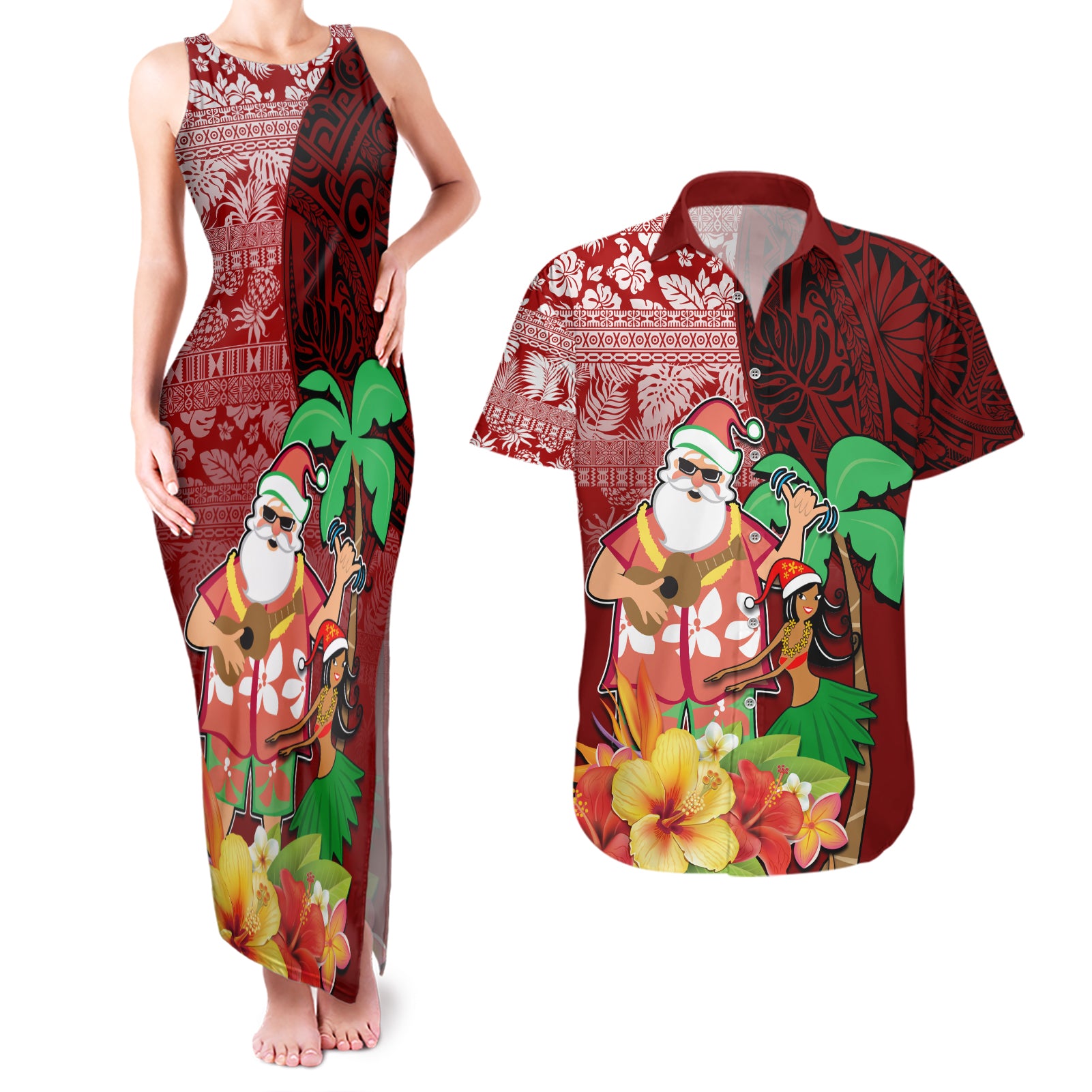 Custom Hawaii Mele Kalikimaka Couples Matching Tank Maxi Dress and Hawaiian Shirt Santa Claus and Hula Girl Tropical Folwer with Hawaiian Pattern LT03 Red - Polynesian Pride