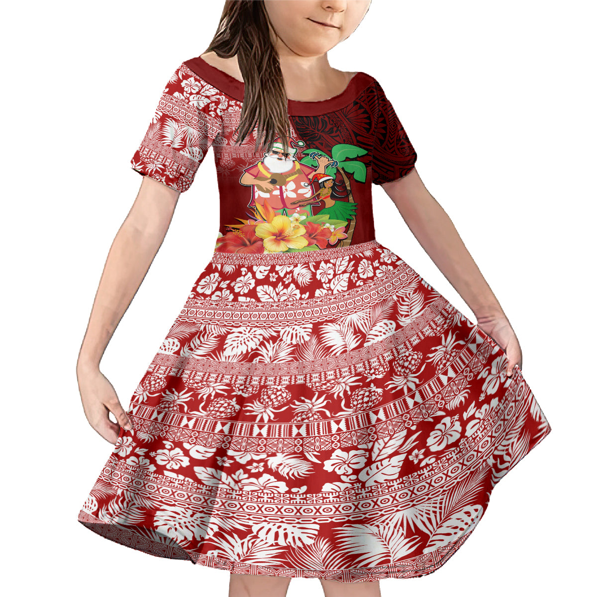 Custom Hawaii Mele Kalikimaka Family Matching Mermaid Dress and Hawaiian Shirt Santa Claus and Hula Girl Tropical Folwer with Hawaiian Pattern LT03 Daughter's Dress Red - Polynesian Pride