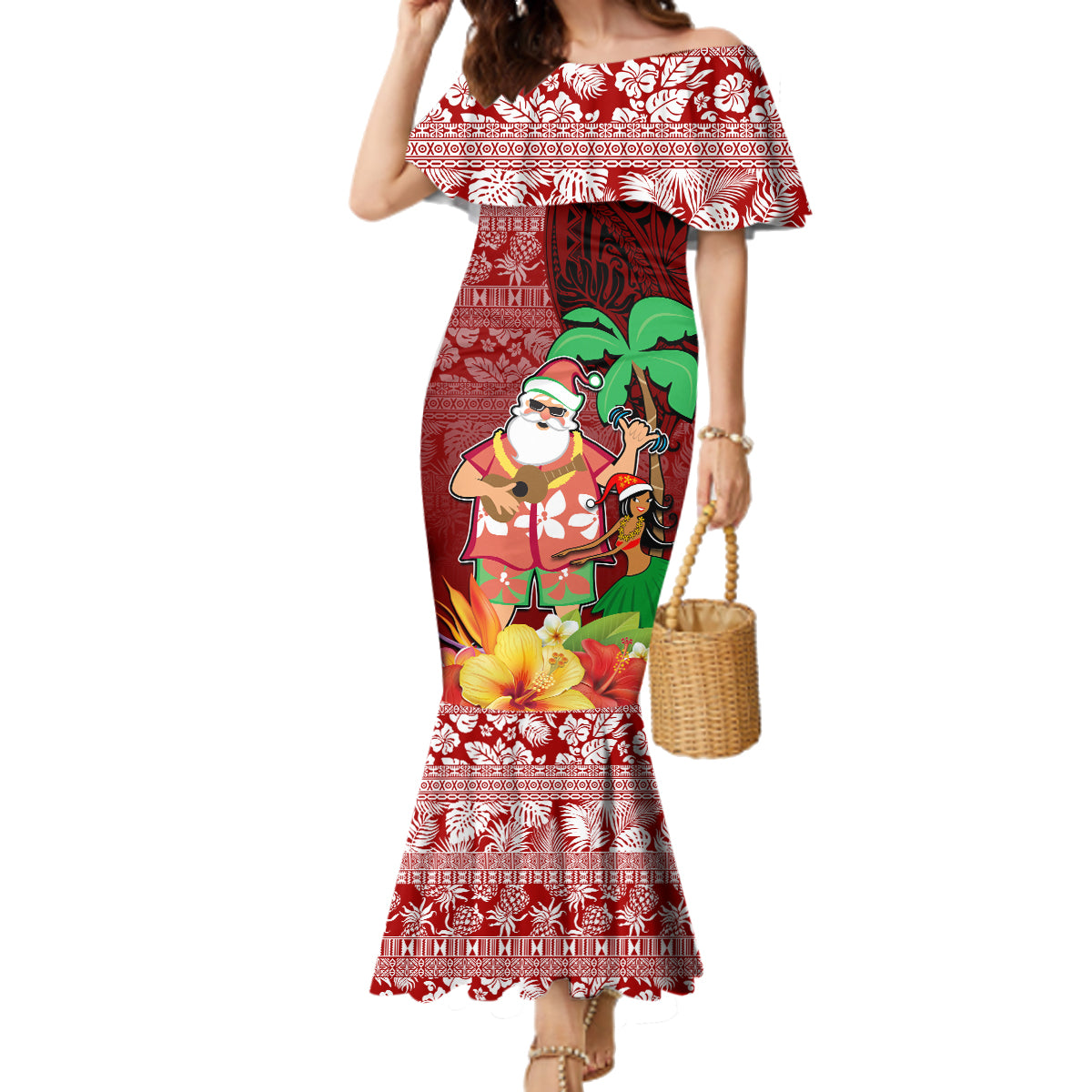 Custom Hawaii Mele Kalikimaka Family Matching Mermaid Dress and Hawaiian Shirt Santa Claus and Hula Girl Tropical Folwer with Hawaiian Pattern LT03 Mom's Dress Red - Polynesian Pride