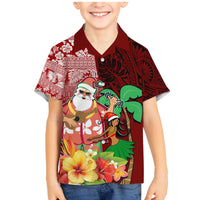 Custom Hawaii Mele Kalikimaka Family Matching Mermaid Dress and Hawaiian Shirt Santa Claus and Hula Girl Tropical Folwer with Hawaiian Pattern LT03 Son's Shirt Red - Polynesian Pride
