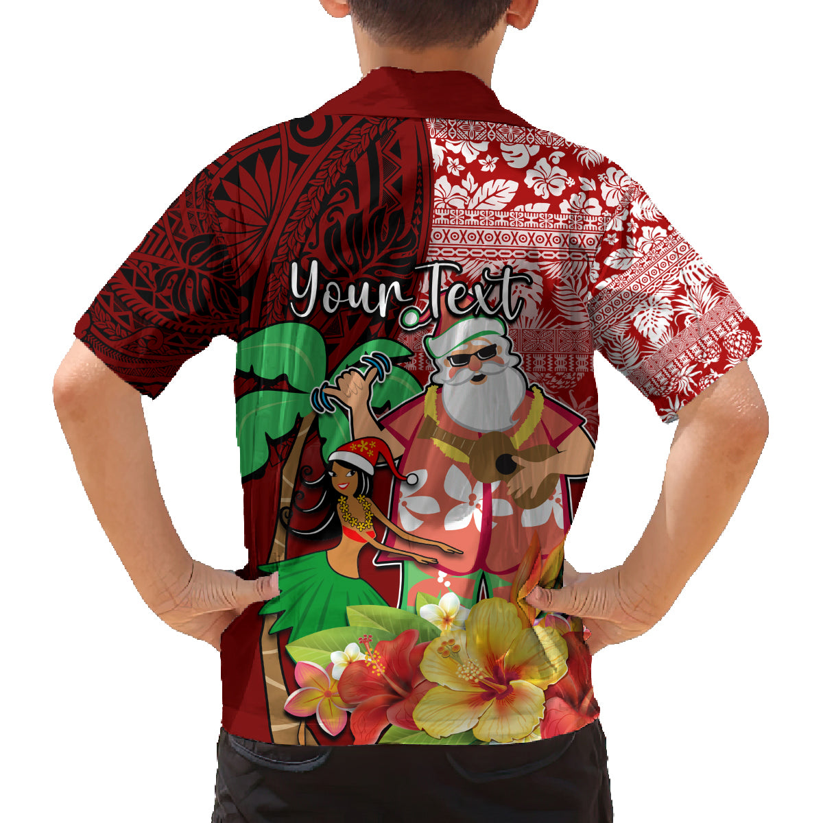 Custom Hawaii Mele Kalikimaka Family Matching Off Shoulder Long Sleeve Dress and Hawaiian Shirt Santa Claus and Hula Girl Tropical Folwer with Hawaiian Pattern LT03 - Polynesian Pride