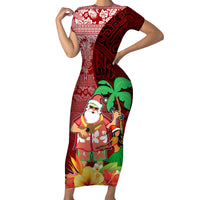 Custom Hawaii Mele Kalikimaka Family Matching Short Sleeve Bodycon Dress and Hawaiian Shirt Santa Claus and Hula Girl Tropical Folwer with Hawaiian Pattern LT03 Mom's Dress Red - Polynesian Pride