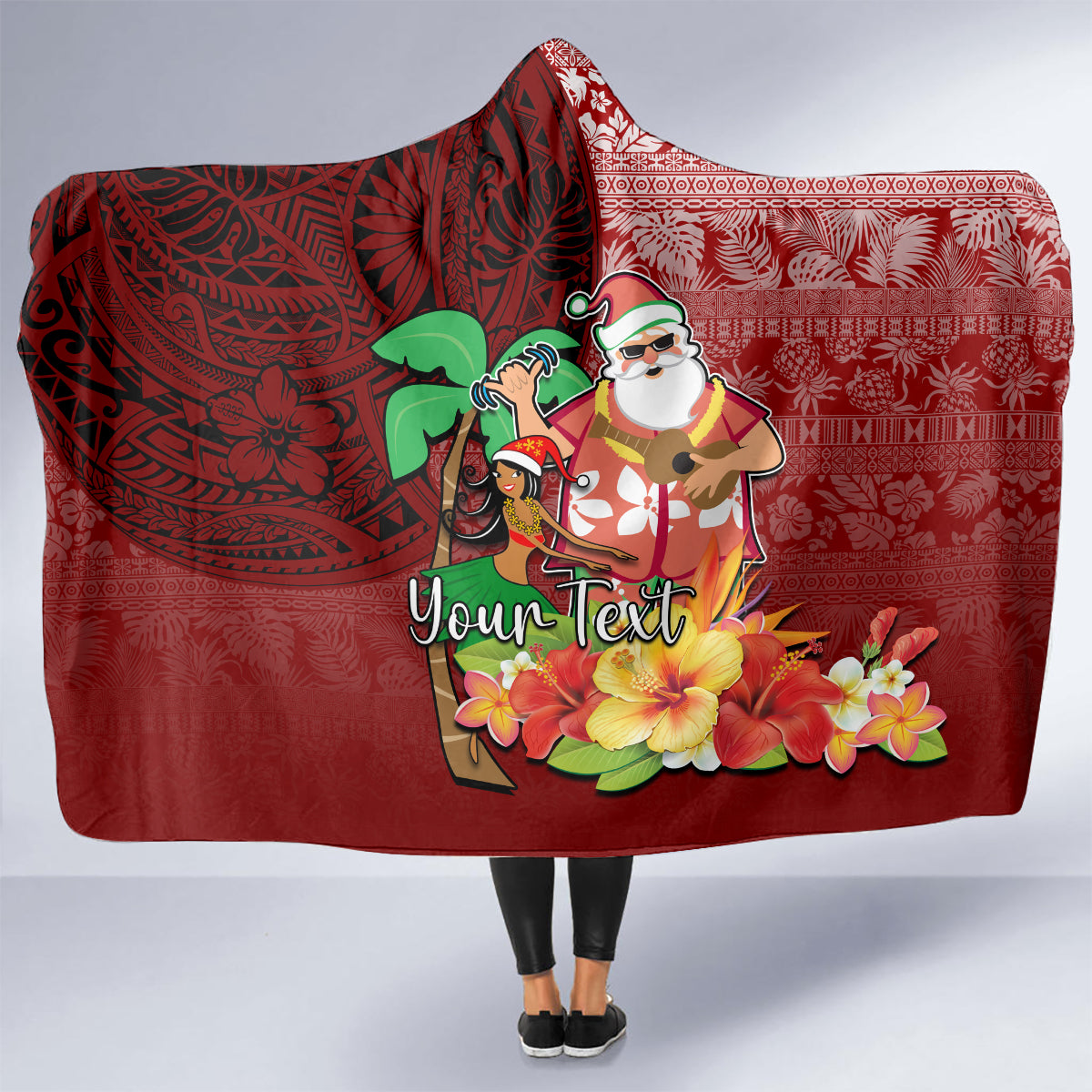 Custom Hawaii Mele Kalikimaka Hooded Blanket Santa Claus and Hula Girl Tropical Folwer with Hawaiian Pattern LT03 - Polynesian Pride