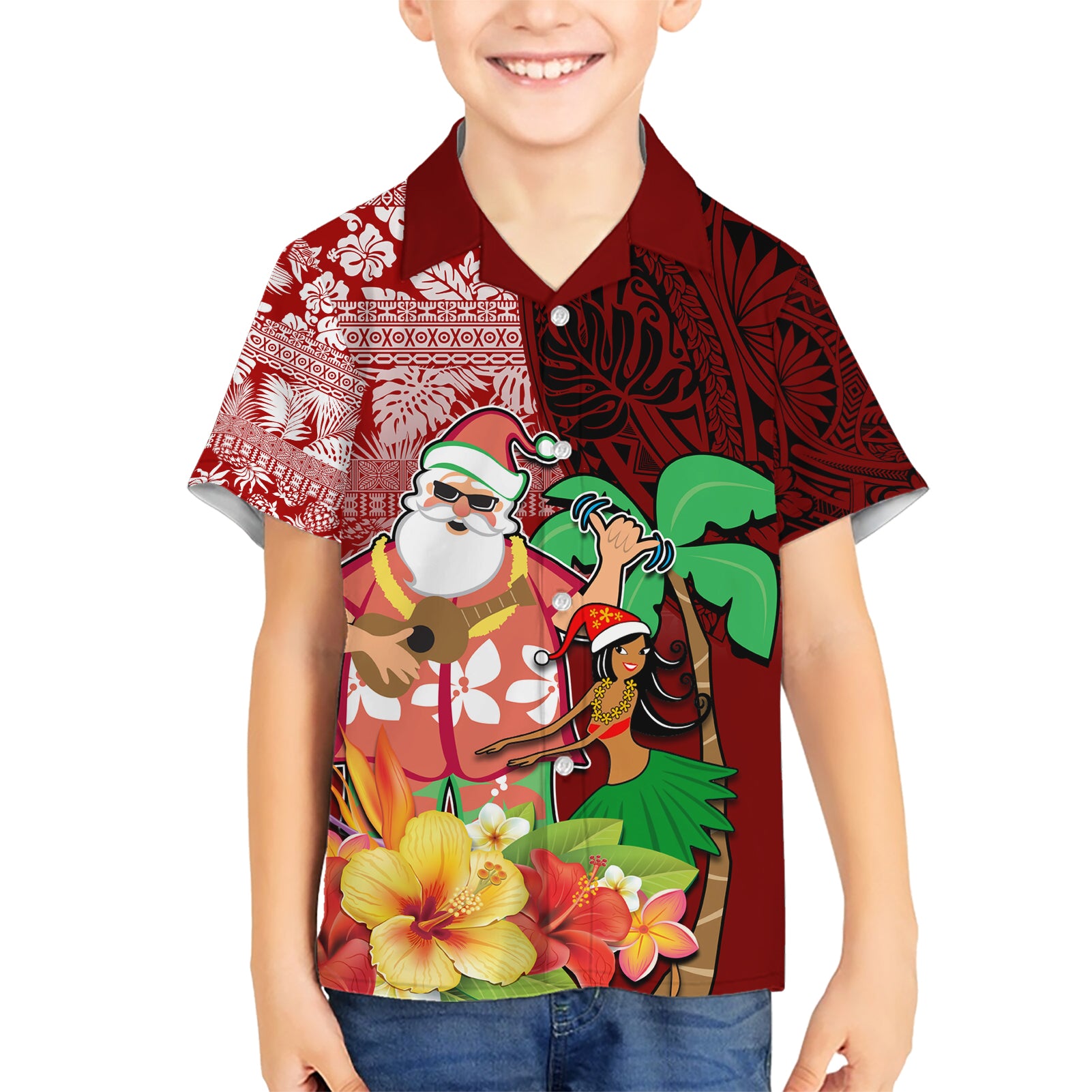 Custom Hawaii Mele Kalikimaka Kid Hawaiian Shirt Santa Claus and Hula Girl Tropical Folwer with Hawaiian Pattern LT03 Kid Red - Polynesian Pride