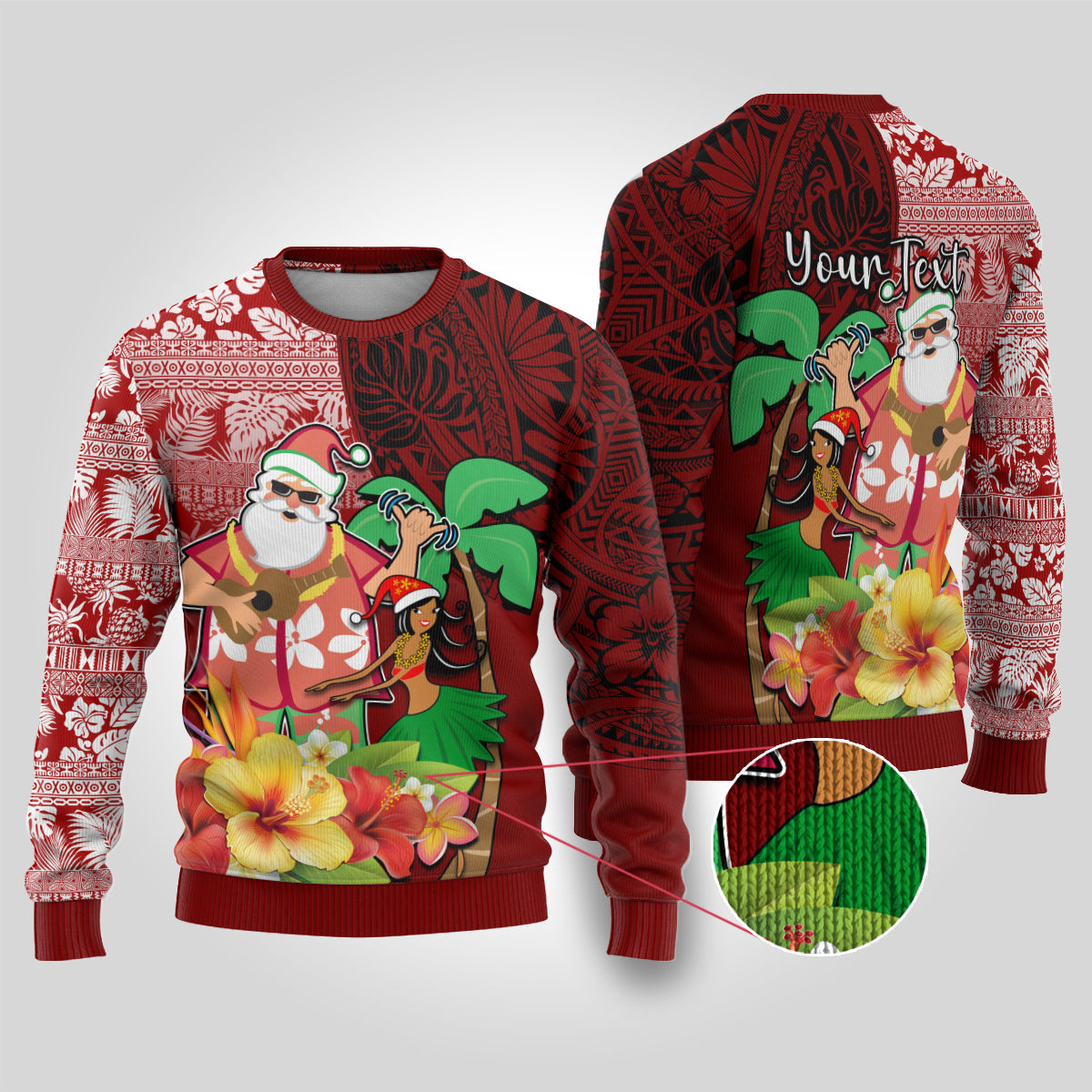 Custom Hawaii Mele Kalikimaka Ugly Christmas Sweater Santa Claus and Hula Girl Tropical Folwer with Hawaiian Pattern LT03 Red - Polynesian Pride
