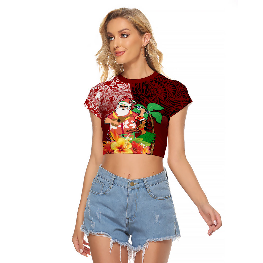 Custom Hawaii Mele Kalikimaka Raglan Cropped T Shirt Santa Claus and Hula Girl Tropical Folwer with Hawaiian Pattern LT03 Female Red - Polynesian Pride