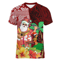 Custom Hawaii Mele Kalikimaka Women V Neck T Shirt Santa Claus and Hula Girl Tropical Folwer with Hawaiian Pattern LT03 Female Red - Polynesian Pride