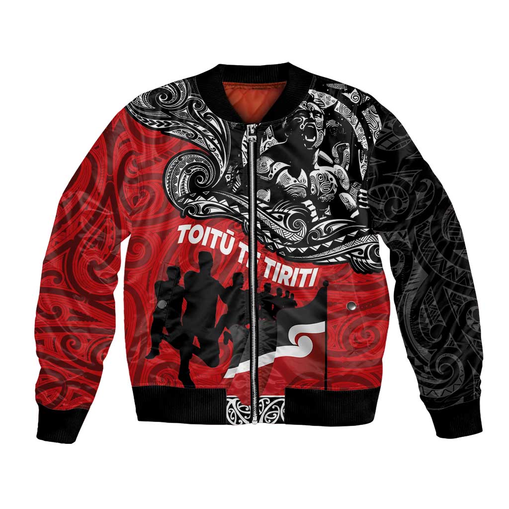 Aotearoa Toitu Te Tiriti Bomber Jacket Honoring Te Tiriti o Waitangi Maori Haka LT03 Unisex Red - Polynesian Pride