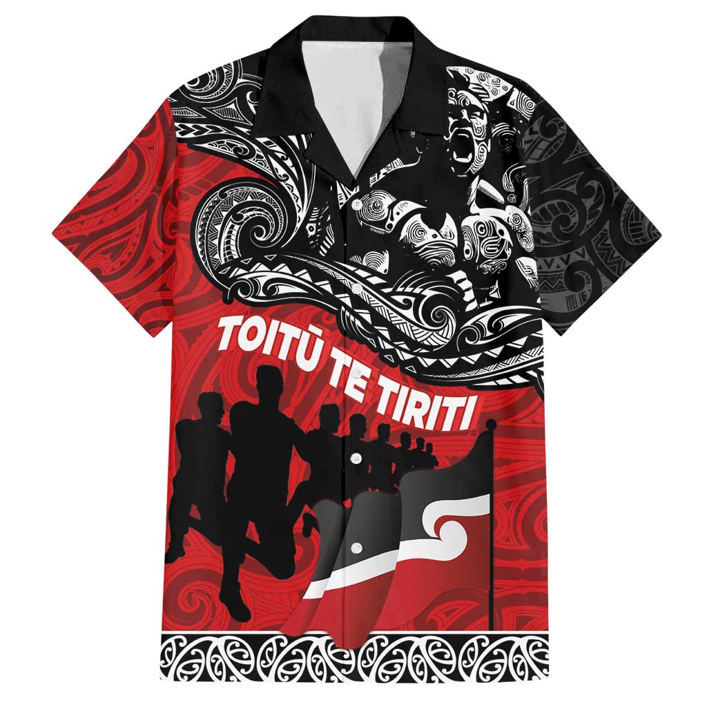 Aotearoa Toitu Te Tiriti Family Matching Off Shoulder Short Dress and Hawaiian Shirt Honoring Te Tiriti o Waitangi Maori Haka LT03 Dad's Shirt - Short Sleeve Red - Polynesian Pride