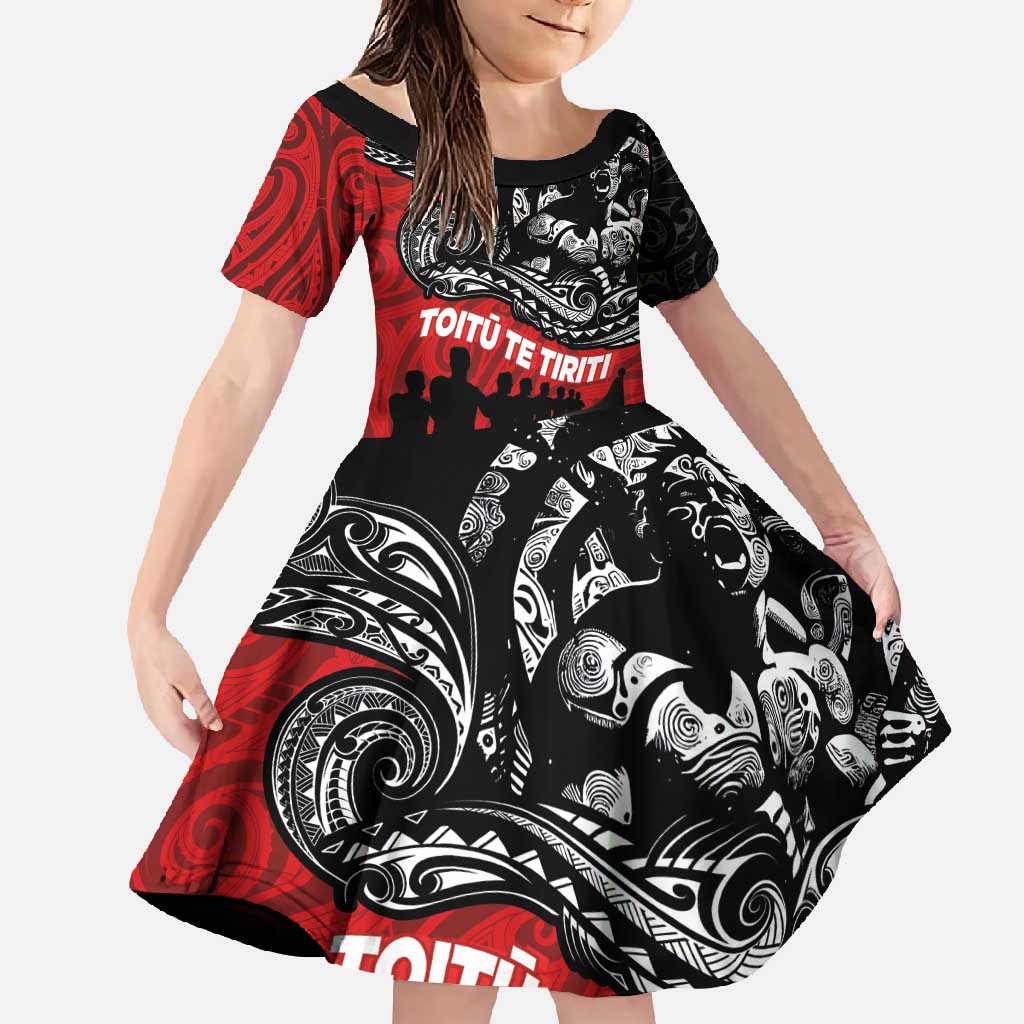 Aotearoa Toitu Te Tiriti Family Matching Tank Maxi Dress and Hawaiian Shirt Honoring Te Tiriti o Waitangi Maori Haka LT03 Daughter's Dress Red - Polynesian Pride