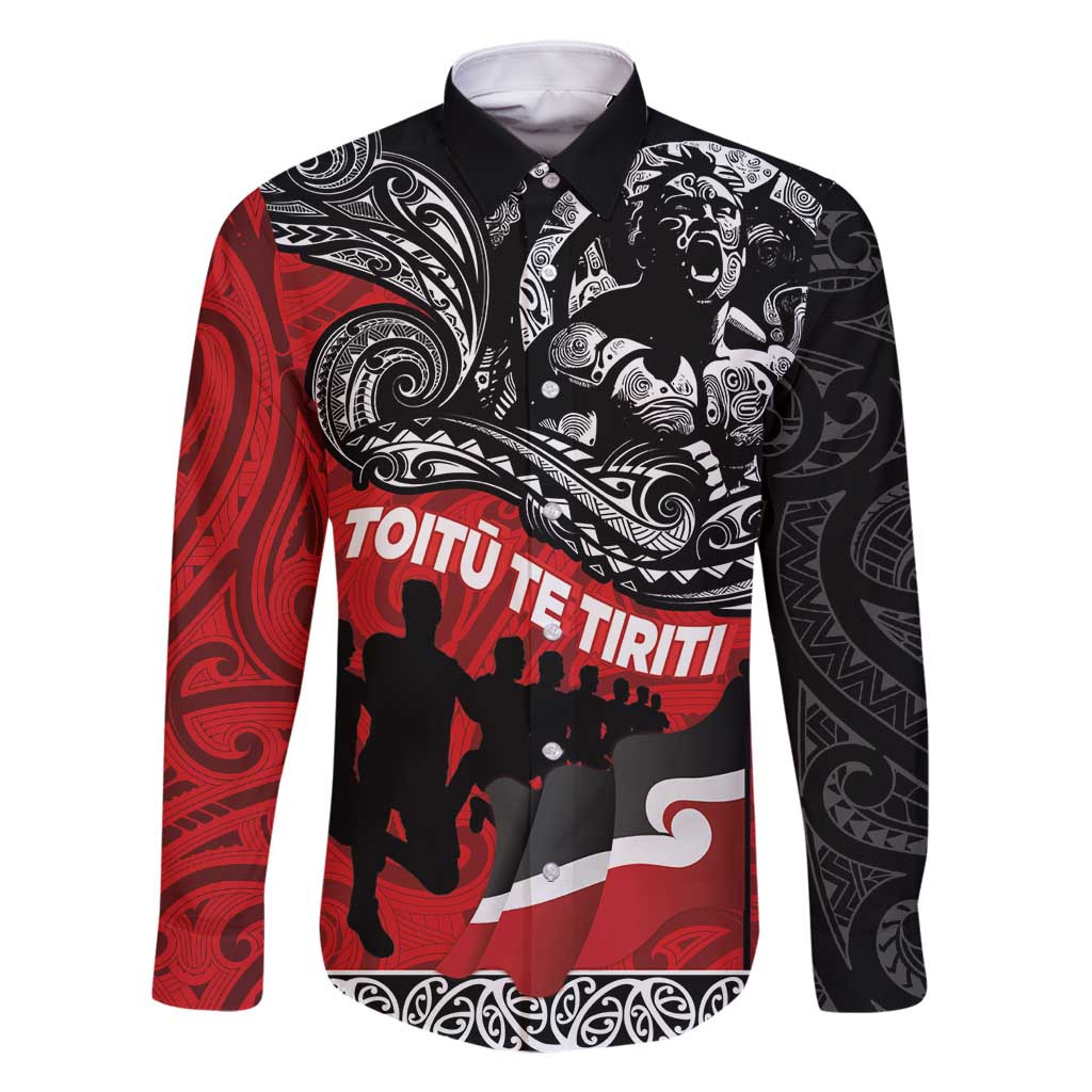 Aotearoa Toitu Te Tiriti Family Matching Tank Maxi Dress and Hawaiian Shirt Honoring Te Tiriti o Waitangi Maori Haka LT03 Dad's Shirt - Long Sleeve Red - Polynesian Pride
