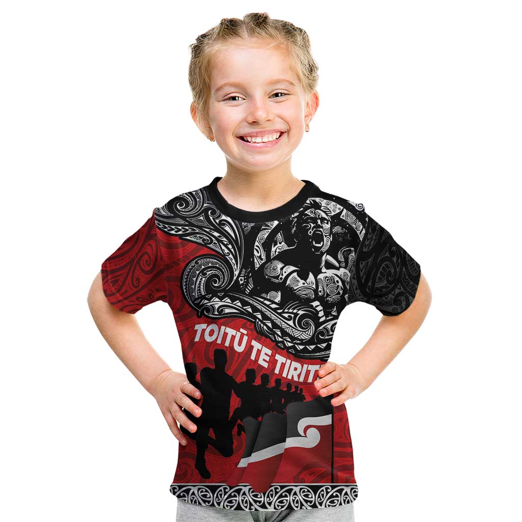 Aotearoa Toitu Te Tiriti Kid T Shirt Honoring Te Tiriti o Waitangi Maori Haka LT03 Red - Polynesian Pride