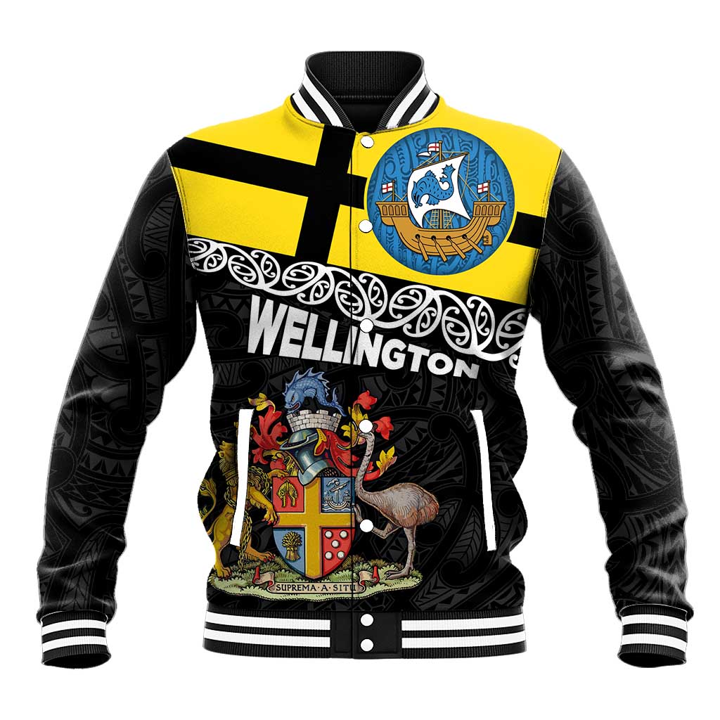New Zealand Wellington Baseball Jacket The Capital's Emblems Flag and Koru Art LT03 Unisex Black - Polynesian Pride