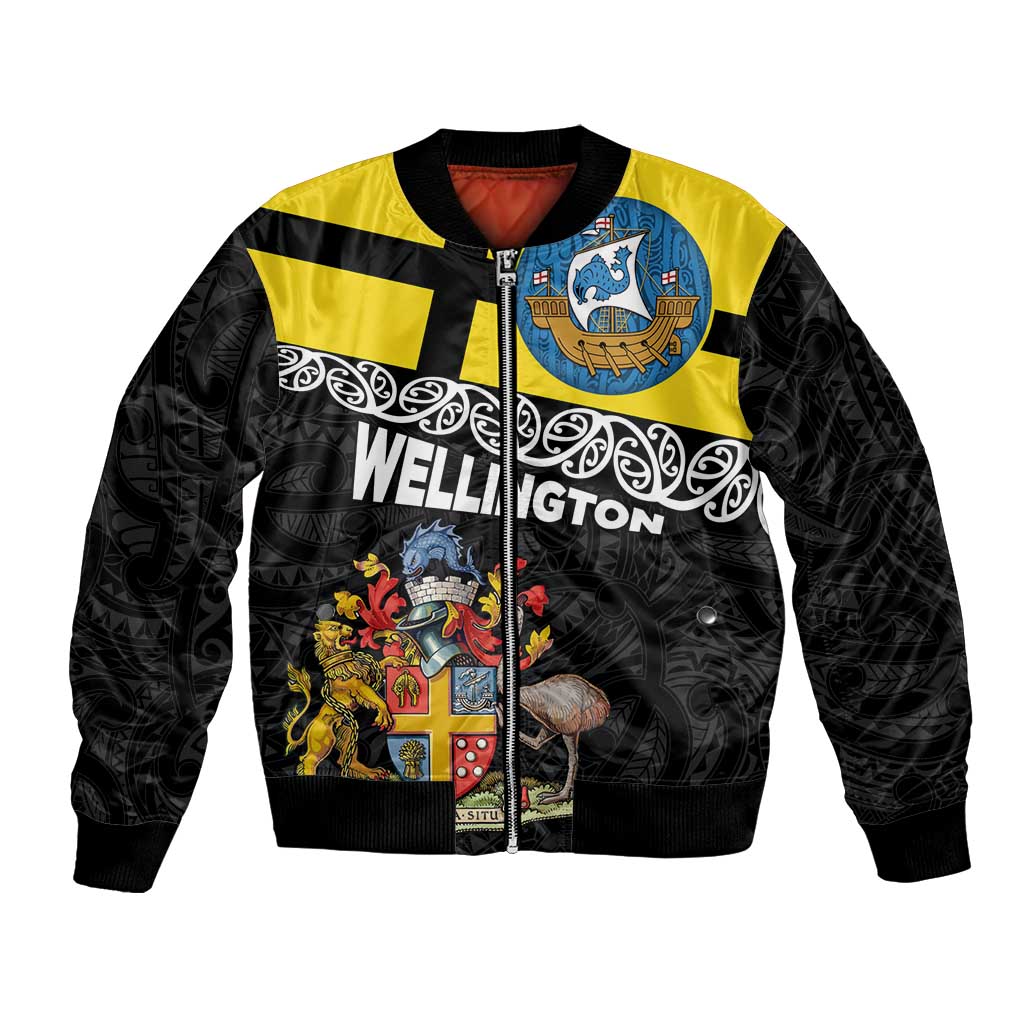 New Zealand Wellington Bomber Jacket The Capital's Emblems Flag and Koru Art LT03 Unisex Black - Polynesian Pride