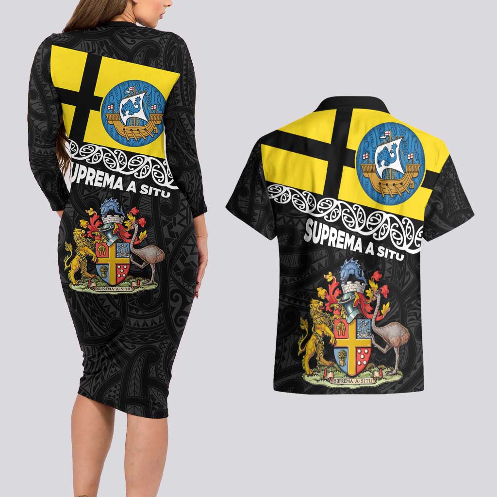 New Zealand Wellington Couples Matching Long Sleeve Bodycon Dress and Hawaiian Shirt The Capital's Emblems Flag and Koru Art