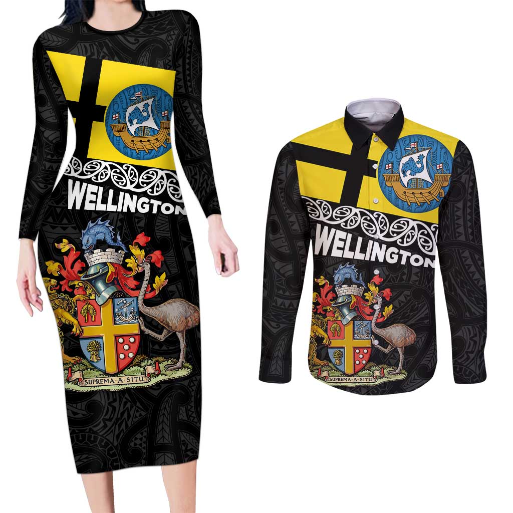 New Zealand Wellington Couples Matching Long Sleeve Bodycon Dress and Long Sleeve Button Shirt The Capital's Emblems Flag and Koru Art LT03 Black - Polynesian Pride