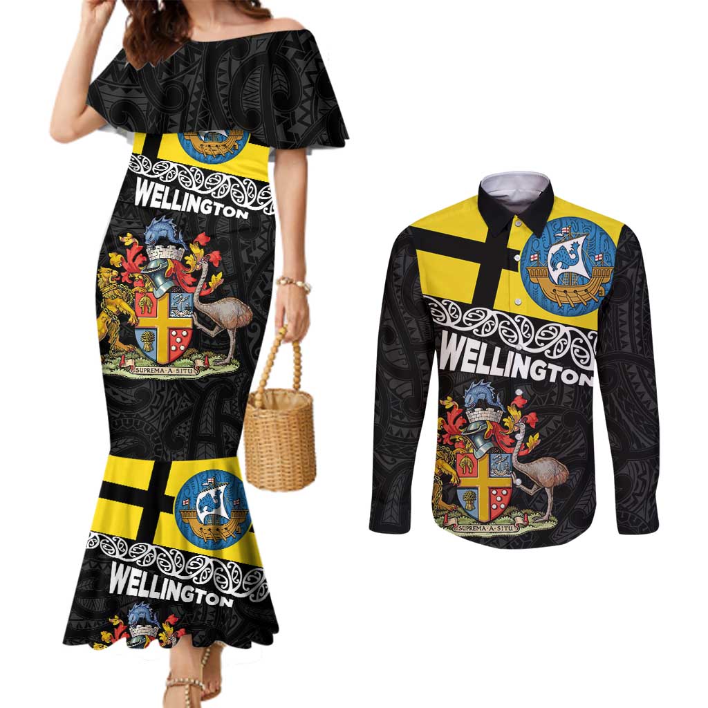 New Zealand Wellington Couples Matching Mermaid Dress and Long Sleeve Button Shirt The Capital's Emblems Flag and Koru Art LT03 Black - Polynesian Pride