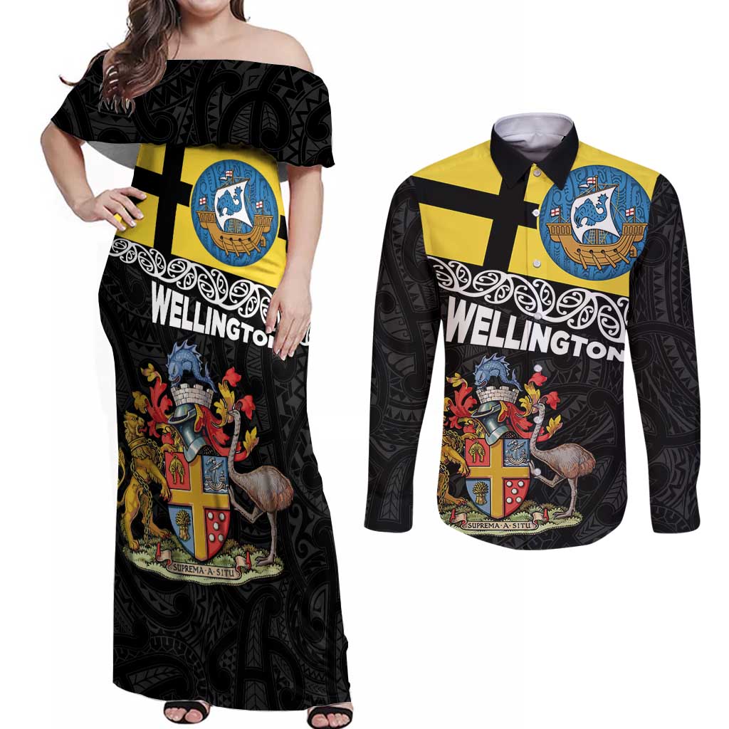 New Zealand Wellington Couples Matching Off Shoulder Maxi Dress and Long Sleeve Button Shirt The Capital's Emblems Flag and Koru Art LT03 Black - Polynesian Pride