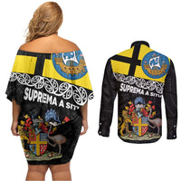 New Zealand Wellington Couples Matching Off Shoulder Short Dress and Long Sleeve Button Shirt The Capital's Emblems Flag and Koru Art