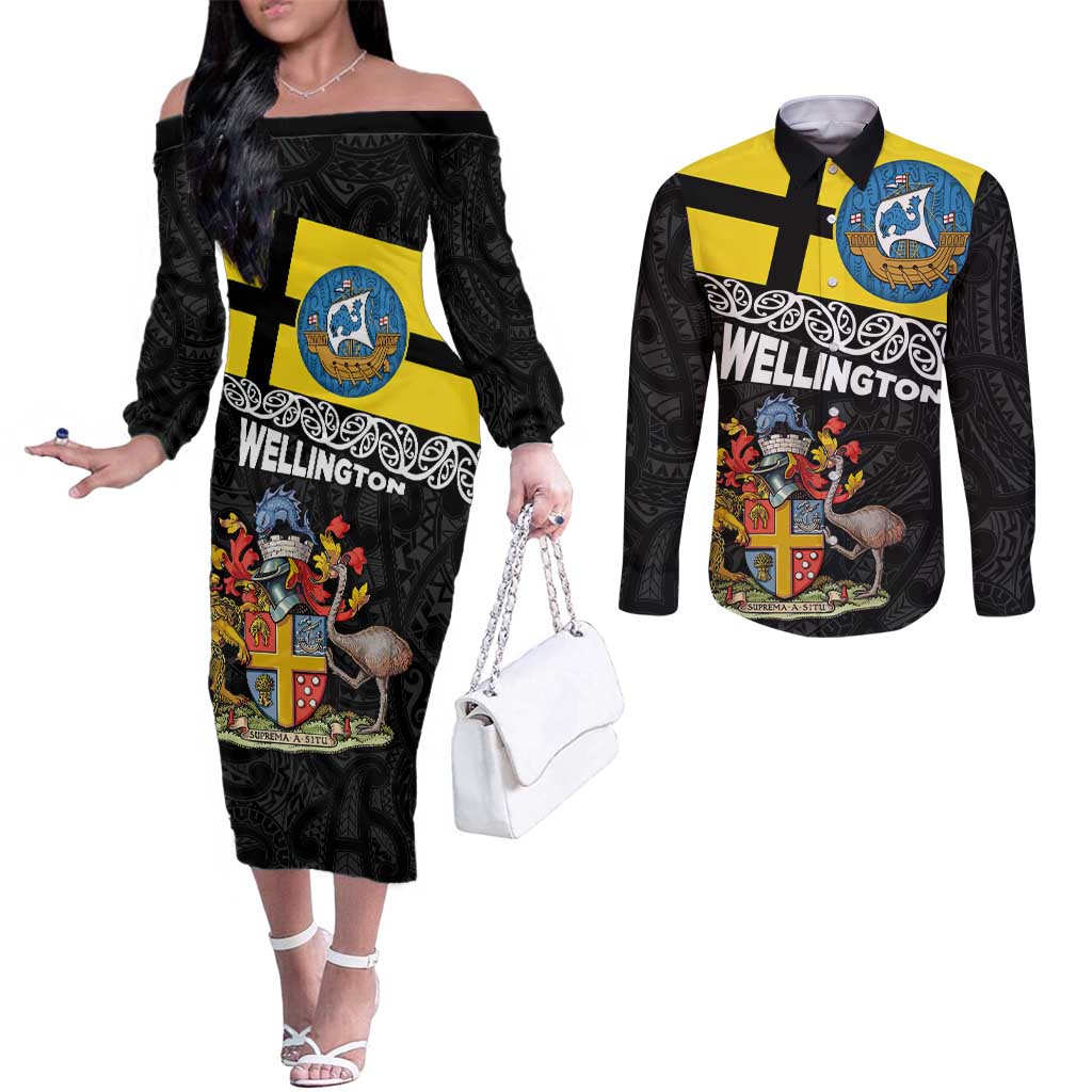 New Zealand Wellington Couples Matching Off The Shoulder Long Sleeve Dress and Long Sleeve Button Shirt The Capital's Emblems Flag and Koru Art LT03 Black - Polynesian Pride