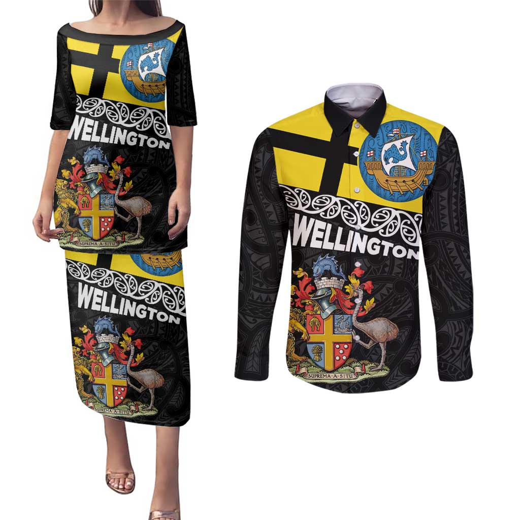 New Zealand Wellington Couples Matching Puletasi and Long Sleeve Button Shirt The Capital's Emblems Flag and Koru Art LT03 Black - Polynesian Pride