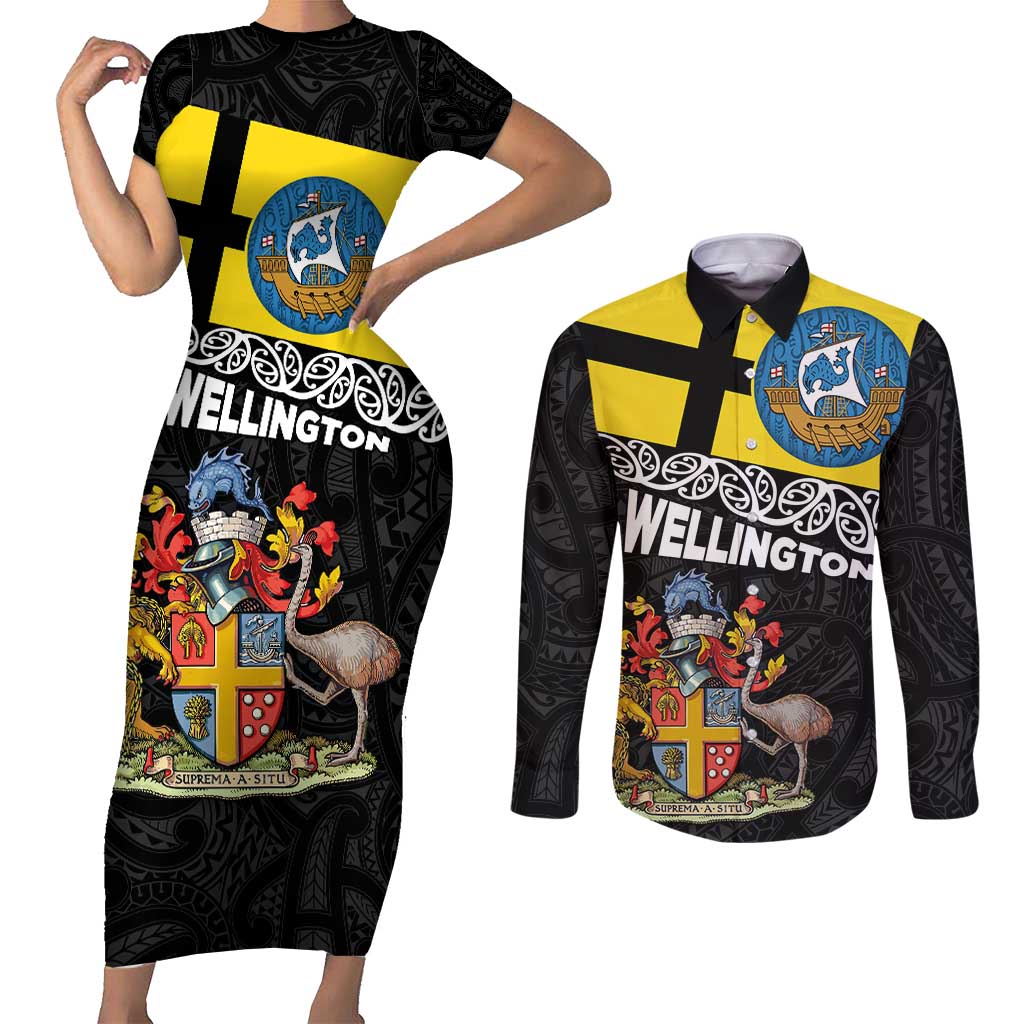New Zealand Wellington Couples Matching Short Sleeve Bodycon Dress and Long Sleeve Button Shirt The Capital's Emblems Flag and Koru Art LT03 Black - Polynesian Pride