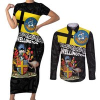 New Zealand Wellington Couples Matching Short Sleeve Bodycon Dress and Long Sleeve Button Shirt The Capital's Emblems Flag and Koru Art
