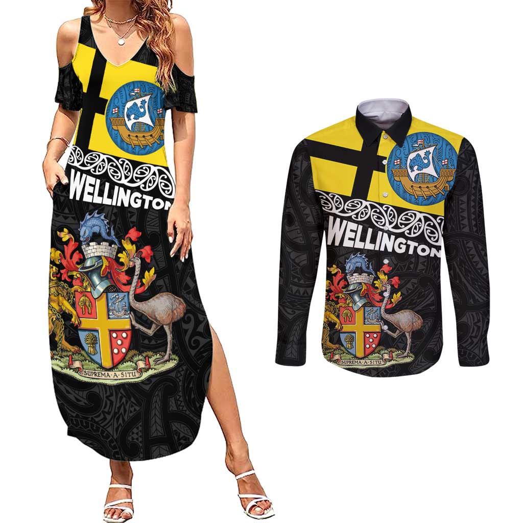 New Zealand Wellington Couples Matching Summer Maxi Dress and Long Sleeve Button Shirt The Capital's Emblems Flag and Koru Art LT03 Black - Polynesian Pride