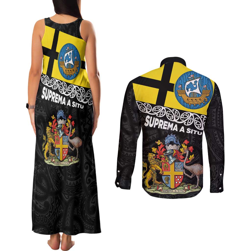New Zealand Wellington Couples Matching Tank Maxi Dress and Long Sleeve Button Shirt The Capital's Emblems Flag and Koru Art