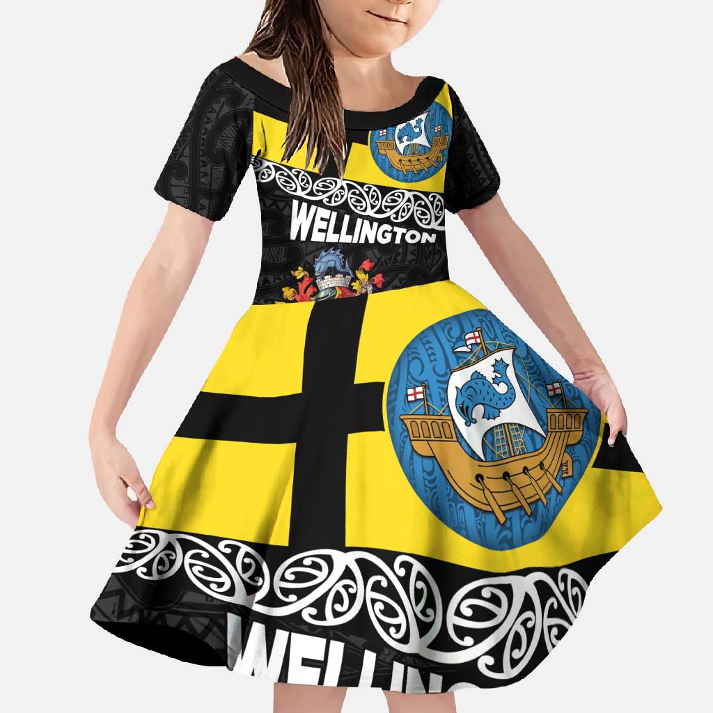 New Zealand Wellington Family Matching Mermaid Dress and Hawaiian Shirt The Capital's Emblems Flag and Koru Art LT03 Daughter's Dress Black - Polynesian Pride