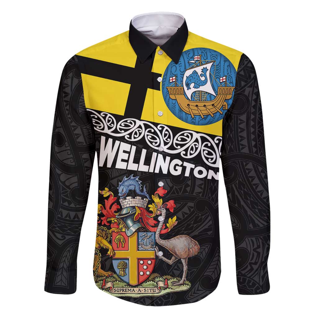 New Zealand Wellington Family Matching Mermaid Dress and Hawaiian Shirt The Capital's Emblems Flag and Koru Art LT03 Dad's Shirt - Long Sleeve Black - Polynesian Pride