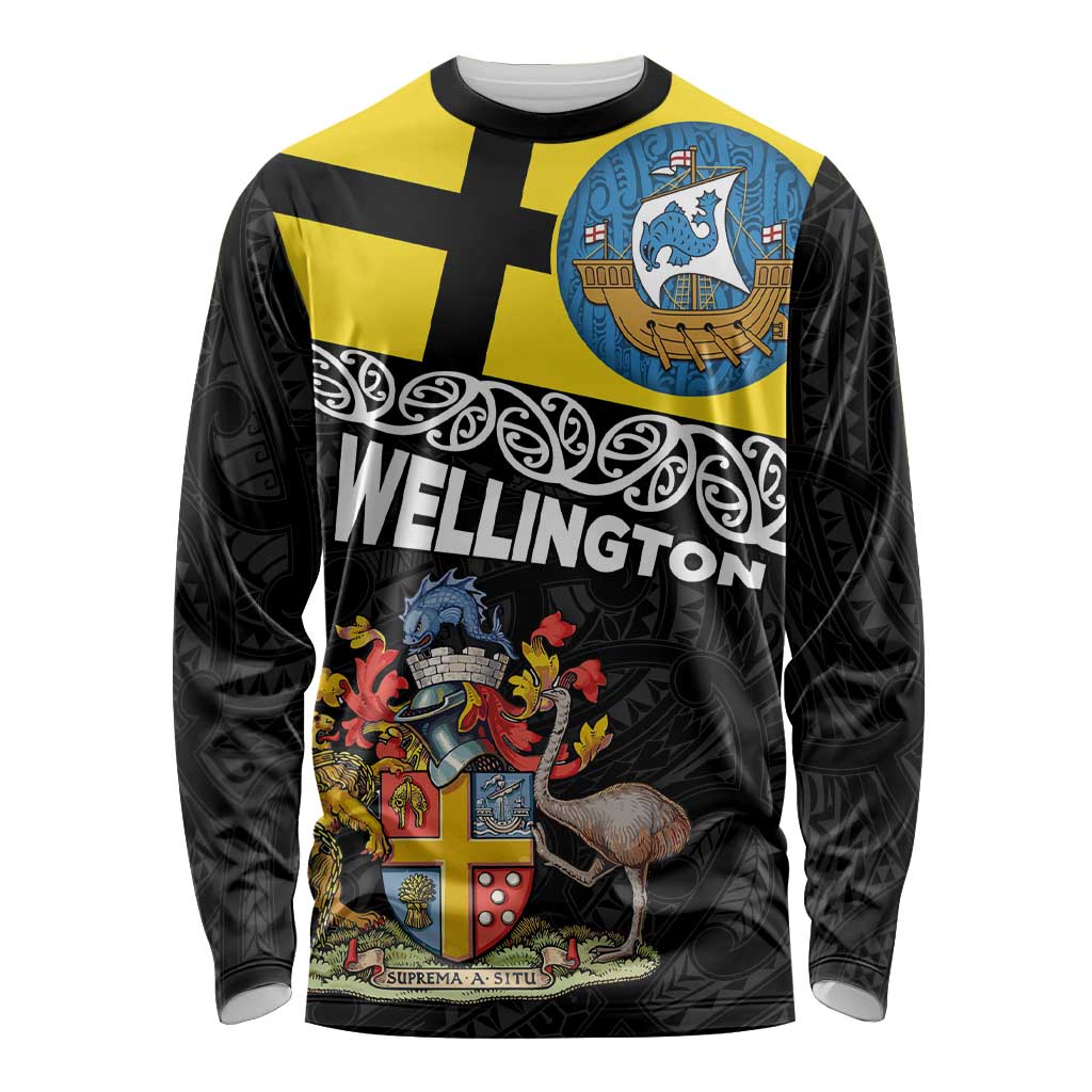 New Zealand Wellington Long Sleeve Shirt The Capital's Emblems Flag and Koru Art LT03 Unisex Black - Polynesian Pride