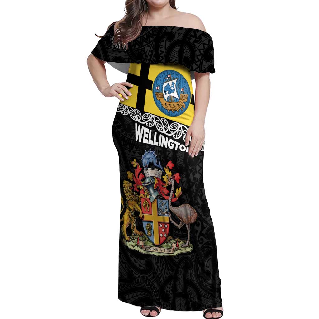 New Zealand Wellington Off Shoulder Maxi Dress The Capital's Emblems Flag and Koru Art