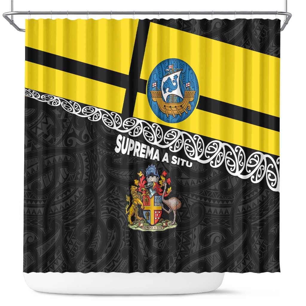 New Zealand Wellington Shower Curtain The Capital's Emblems Flag and Koru Art LT03 Black - Polynesian Pride
