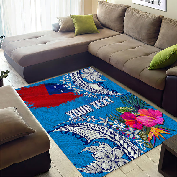 Personalised Samoa Coat Of Arms Area Rug Tropical Flower Blue ...