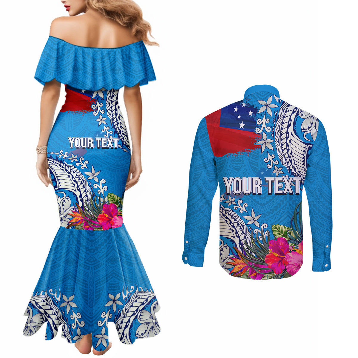 Personalised Samoa Coat Of Arms Couples Matching Mermaid Dress and Long Sleeve Button Shirt Tropical Flower Blue Polynesian Pattern LT03 - Polynesian Pride