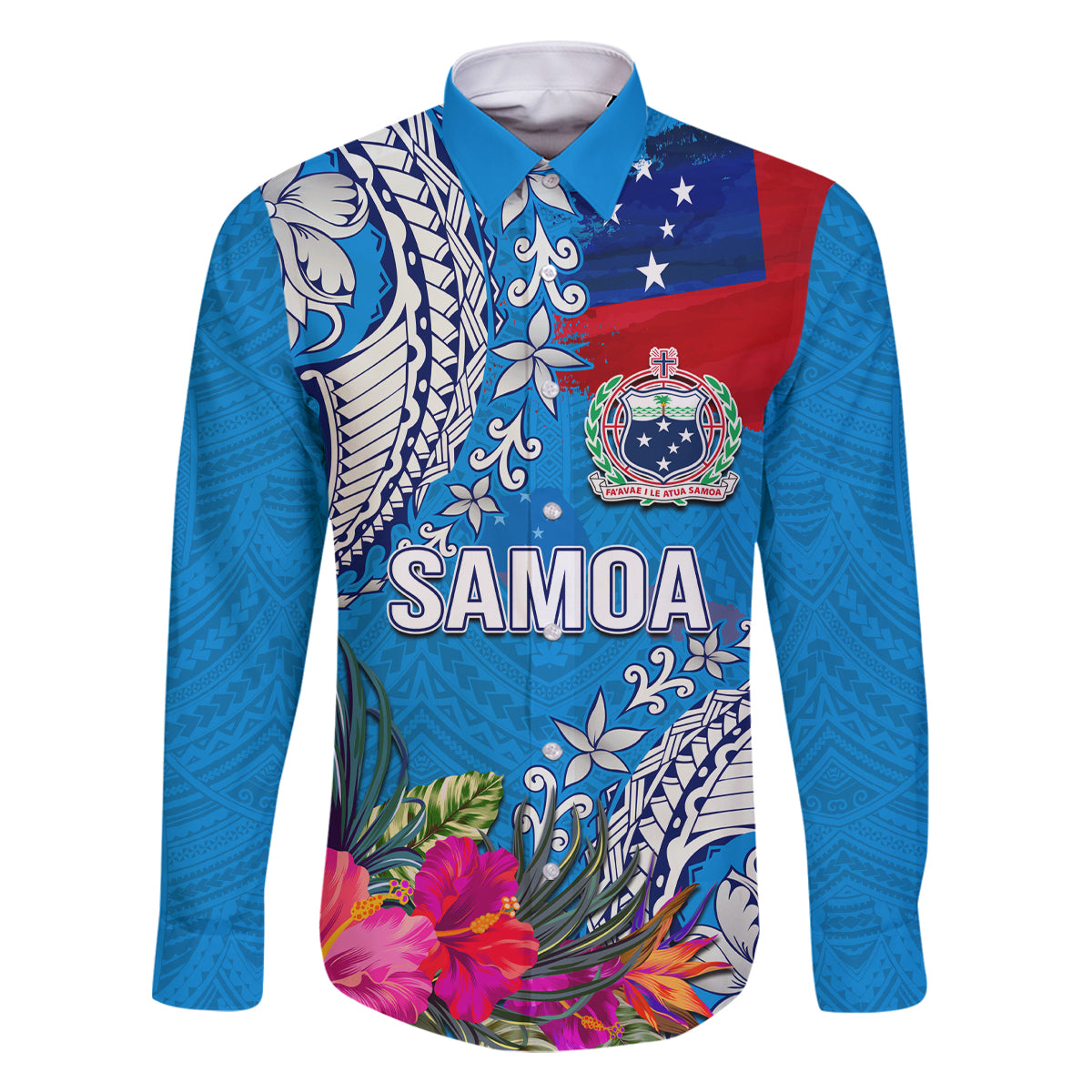 Personalised Samoa Coat Of Arms Family Matching Long Sleeve Bodycon Dress and Hawaiian Shirt Tropical Flower Blue Polynesian Pattern LT03 Dad's Shirt - Long Sleeve Blue - Polynesian Pride